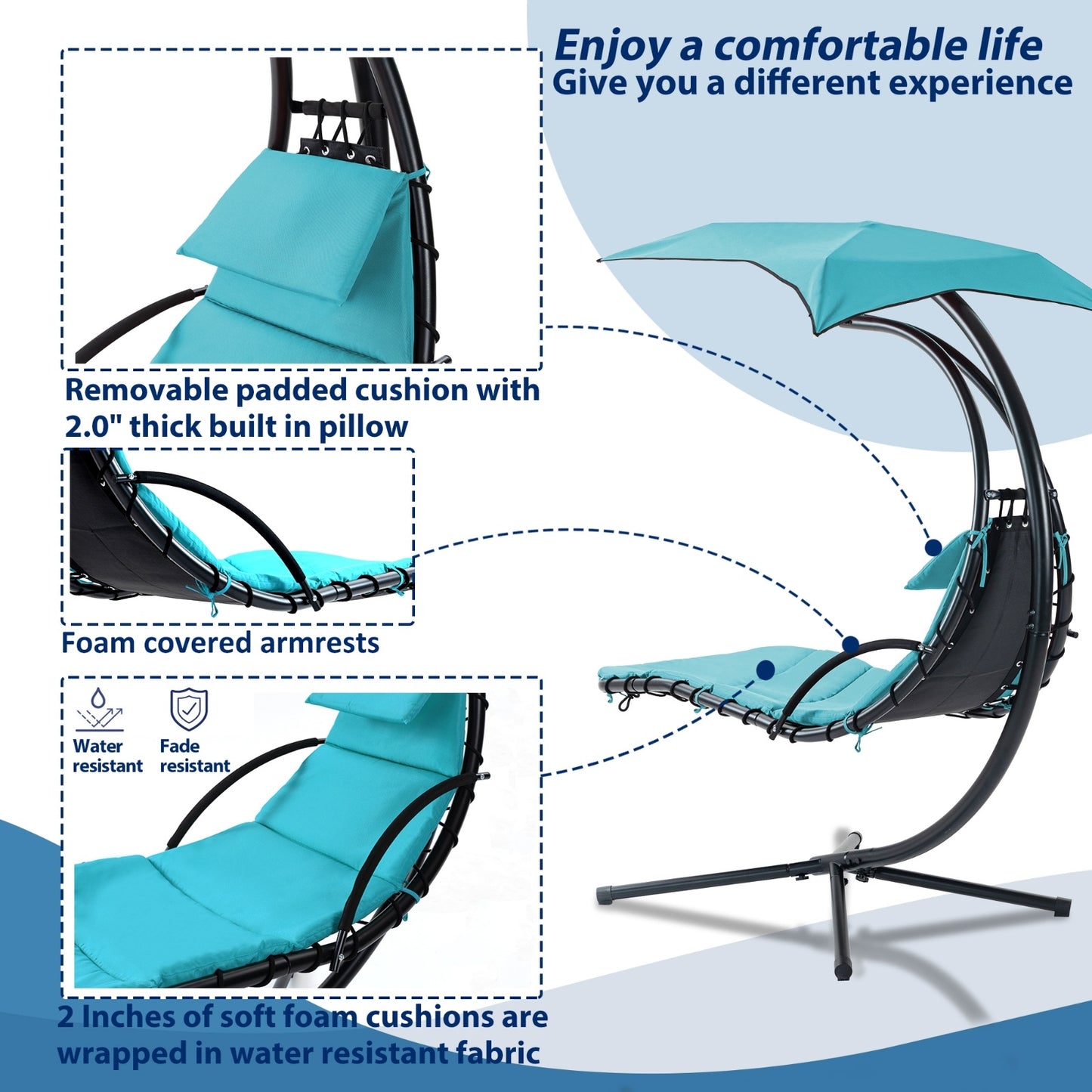 Hanging Chaise Lounger With Removable Canopy, Outdoor Swing Chair With Built-in Pillow, Hanging Curv