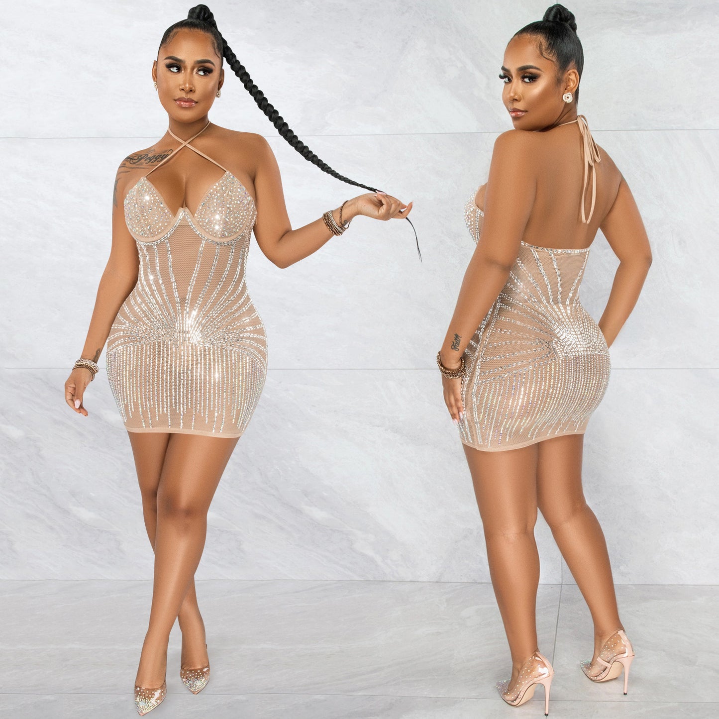 Women's Fashion Gauze Perspective Mid Skirt Suspender Dress