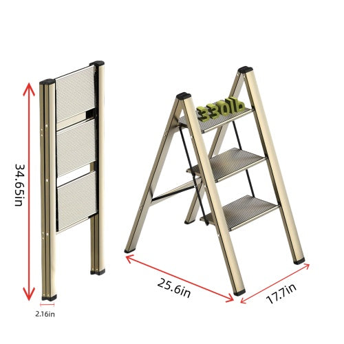 3 Step Ladder Aluminum Light Folding Step Bench Wide Non Slip Pedal 300 Lb Capacity Home Office Portable Ladder Black