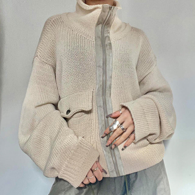 Women's Workwear Stand Collar Contrast Knitted Knit Jacket