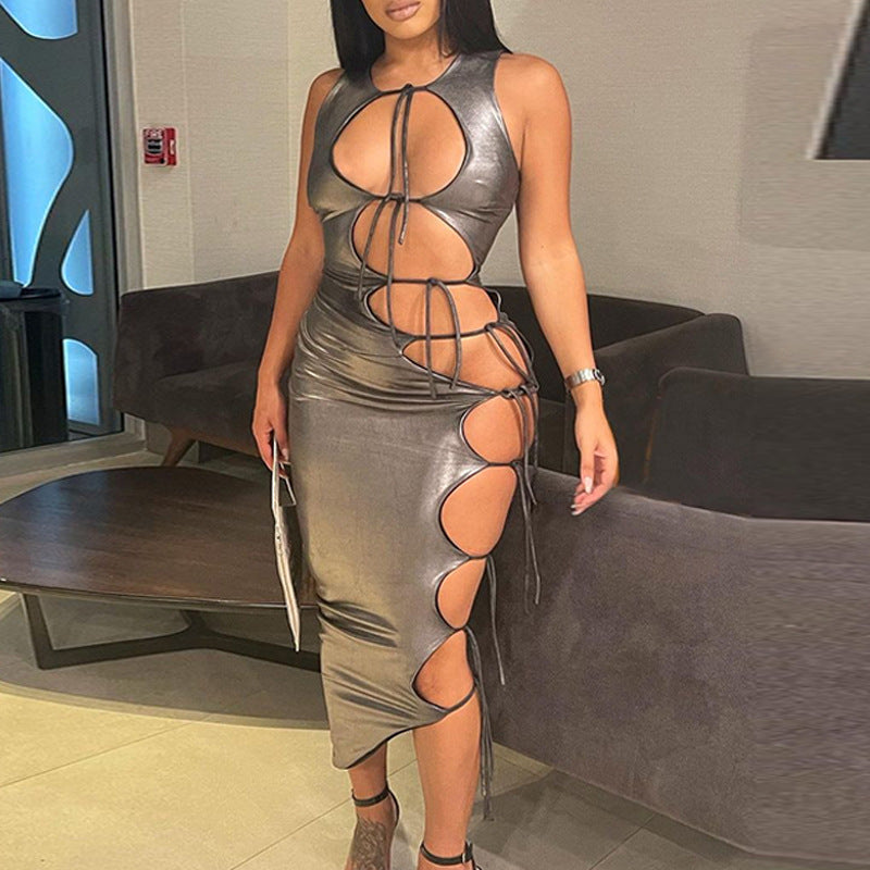 Women's Fashion Hollow Lace-up Solid Color Sleeveless Dress