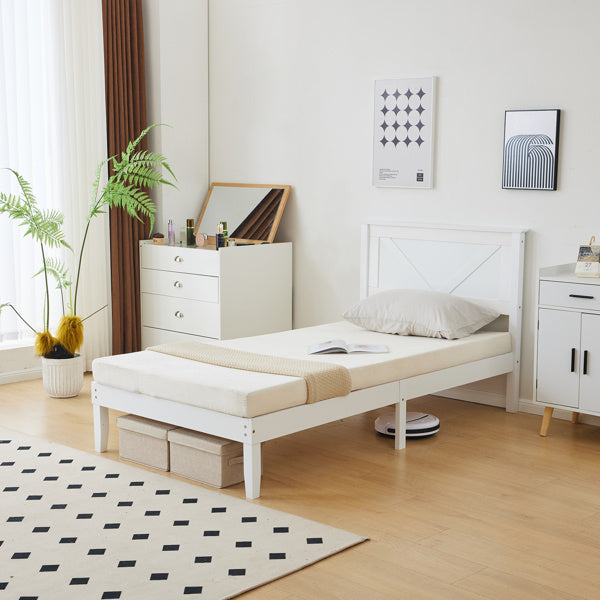 Slanted Headboard, No Footrest, White, Twin Wooden Bed
