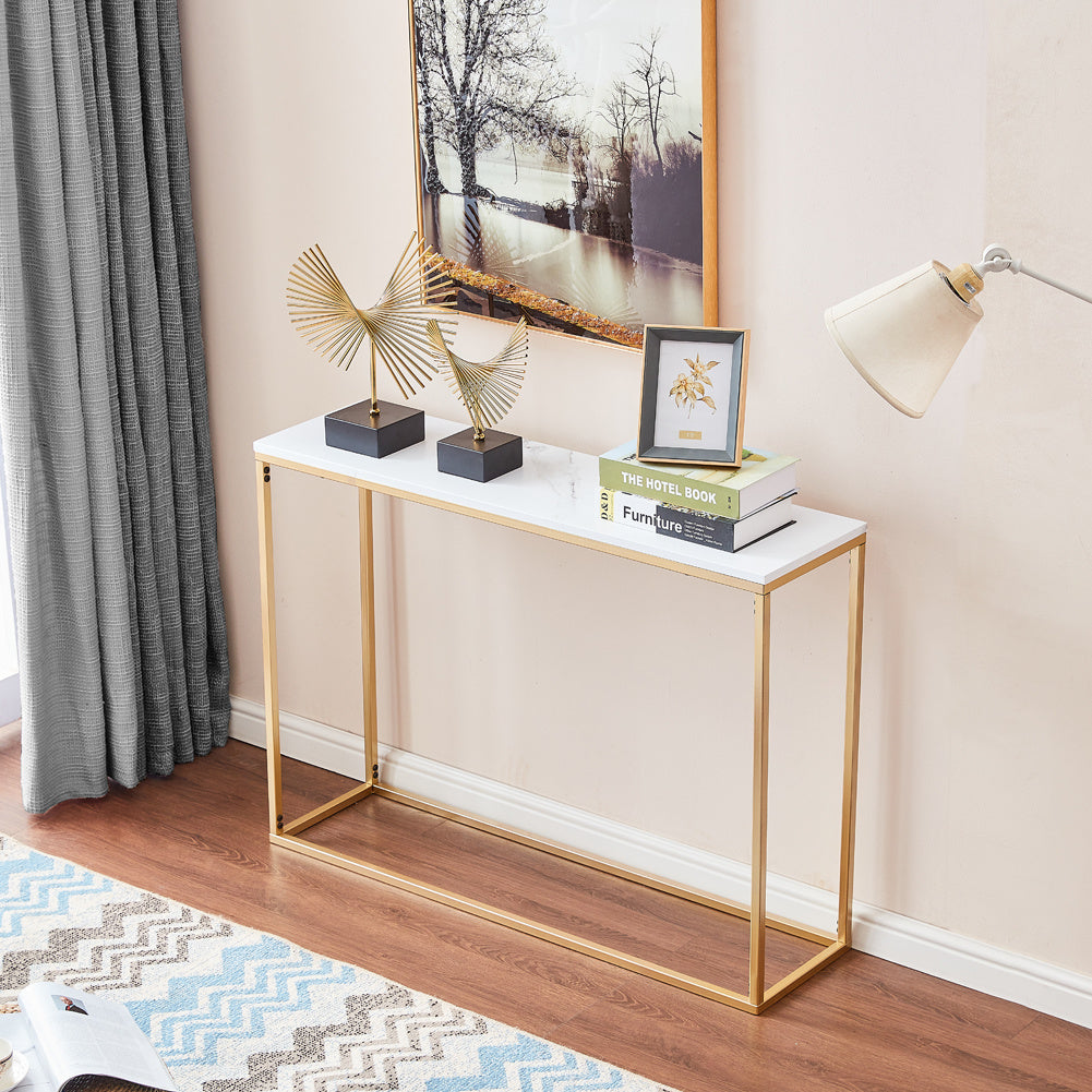 White Rectangular Marble With Gold Legs In The Hallway