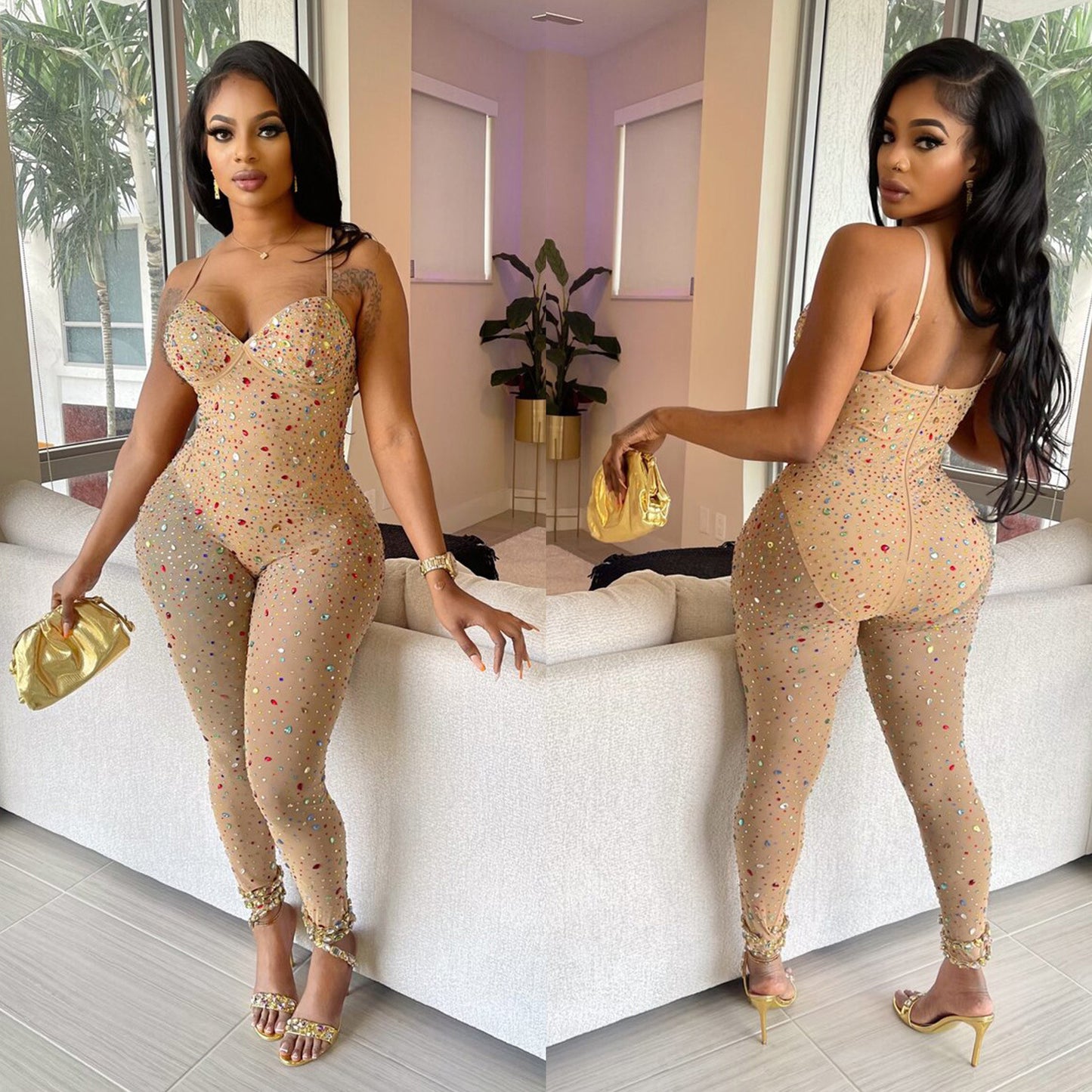Women's Pure Color Mesh Rhinestone Pants Jumpsuit ShopWithASmile7.com