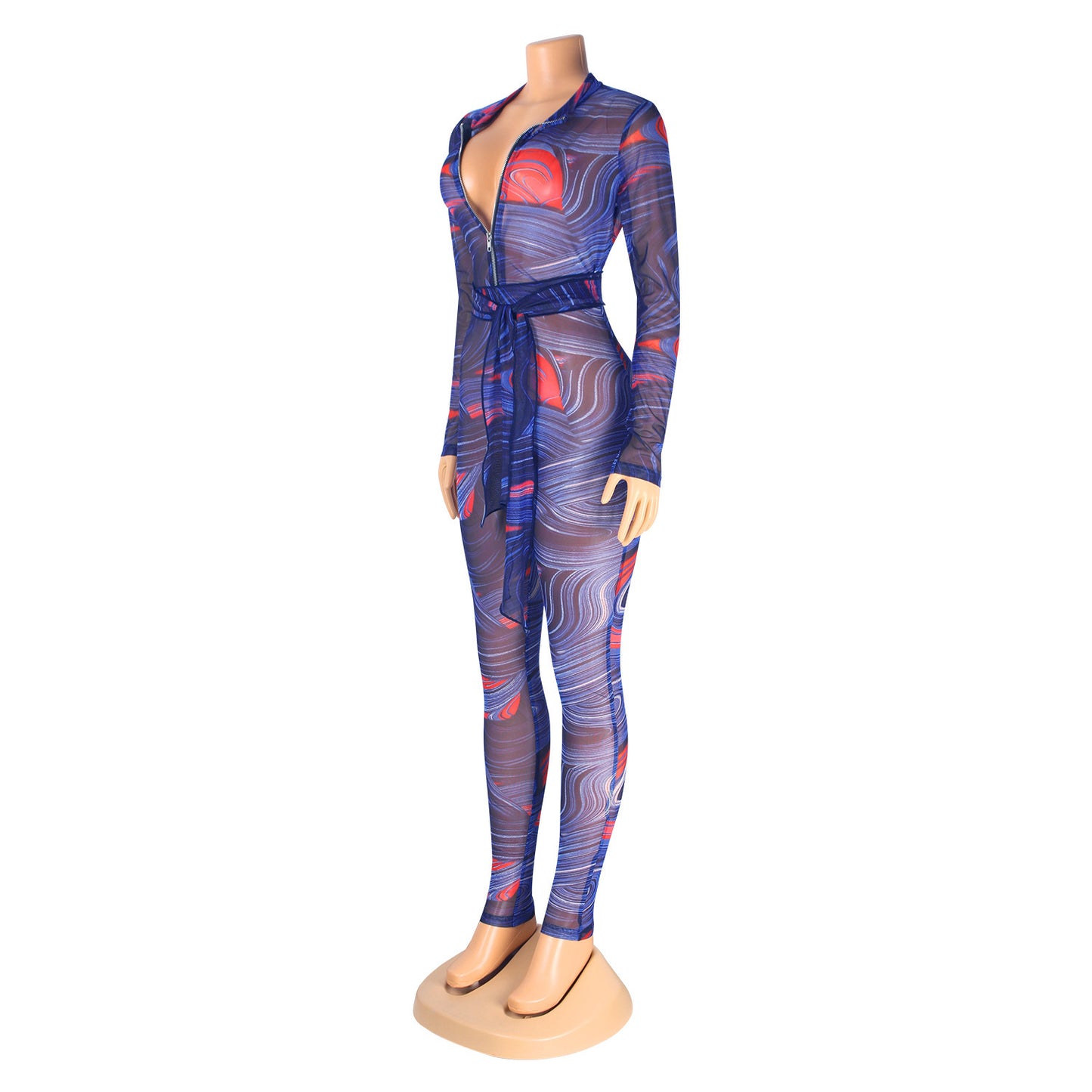 Printed Sexy Nightclub Long-Sleeved Mesh See-Through Jumpsuit