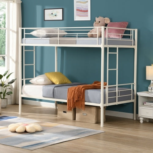 Twin Over Twin Metal Bunk Bed,Metal Structure Bedframe With Safety Guardrails And 2 Ladders,Convertible Bunkbeds,No Spring Box Required And Space Saving Design,White ShopWithASmile7.com