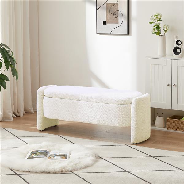 Oval Storage Bench 3D Wool Pile Bench With Large Storage Space For Living Room, Entrance And Bedroom, Cream White