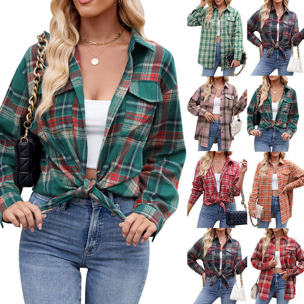 Trendy Loose-Fit Plaid Pocket Shirt for Women ShopWithASmile.com