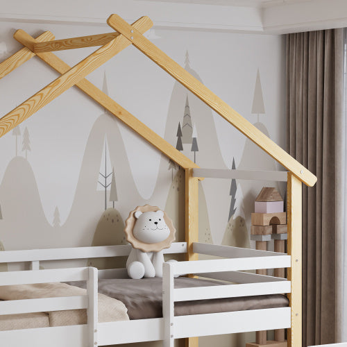 Wooden Bed, Children S Bed, 3ft Single Bed 90x190cm, MDF Pinewood Plywood, Safety Guardrail, Two Storage Drawers With Wheels,Roof Shape, White Natural