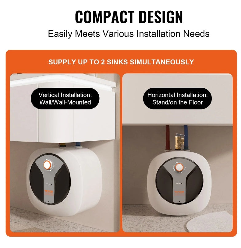 VEVOR Electric Mini-Tank Water Heater 2.5-Gallon Tank, 1440W Hot Water Boiler Storage, Safety Temperature Pressure Valve Easy Install, For Kichen Bathroom Restaurant, Shelf Wall Floor Mounted
