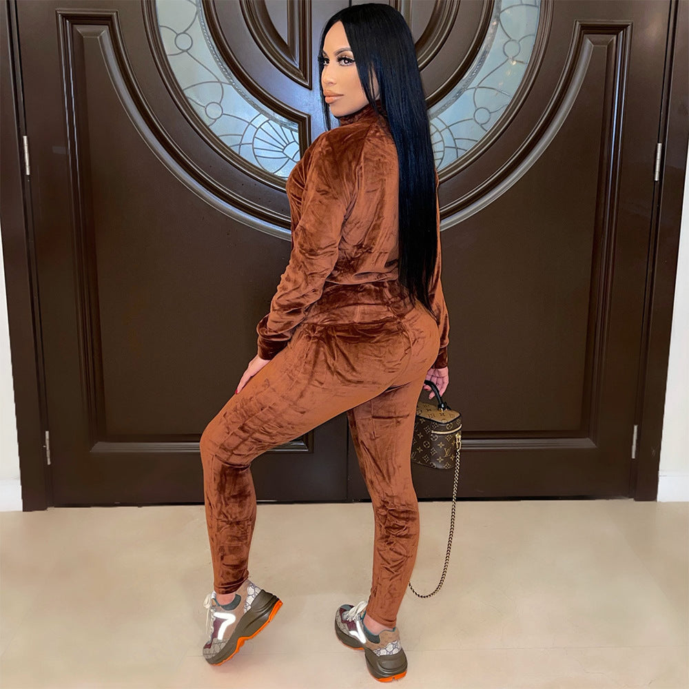 Fashion Sports And Leisure Solid Color Gold Velvet Long-Sleeved Women Pants Suit
