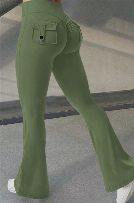 Wide Waistband High Stretch Pocket Scrunch Butt Booty Workout Lifting Athletic Gym Flare Leg Leggings Cargo Pants ShopWithASmile7.com