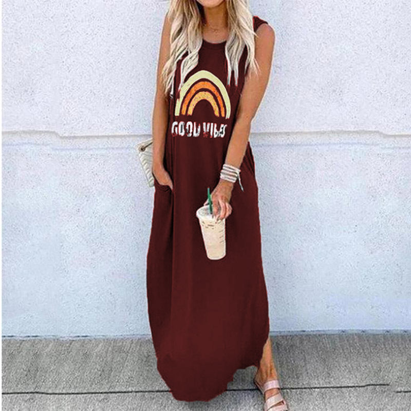 Women's Round Neck Short Sleeve Loose Mid Length Dress