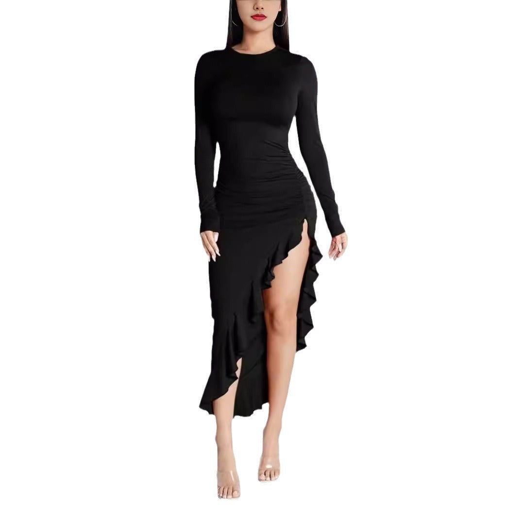 Chic Black Mid-Length Ruffled Dress with Long Sleeves and Frill Detail ShopWithASmile.com