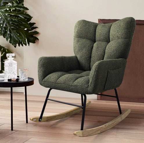 Teddy Fabric Rocking Chair, Modern Rocking Accent Chair For Nursery, Living Room, Bedroom, Deep Green ShopWithASmile7.com