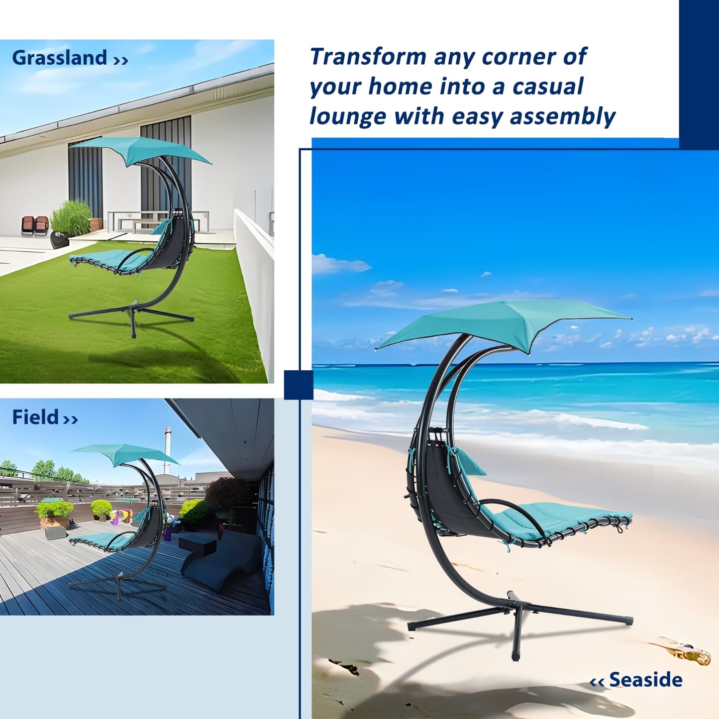 Hanging Chaise Lounger With Removable Canopy, Outdoor Swing Chair With Built-in Pillow, Hanging Curv