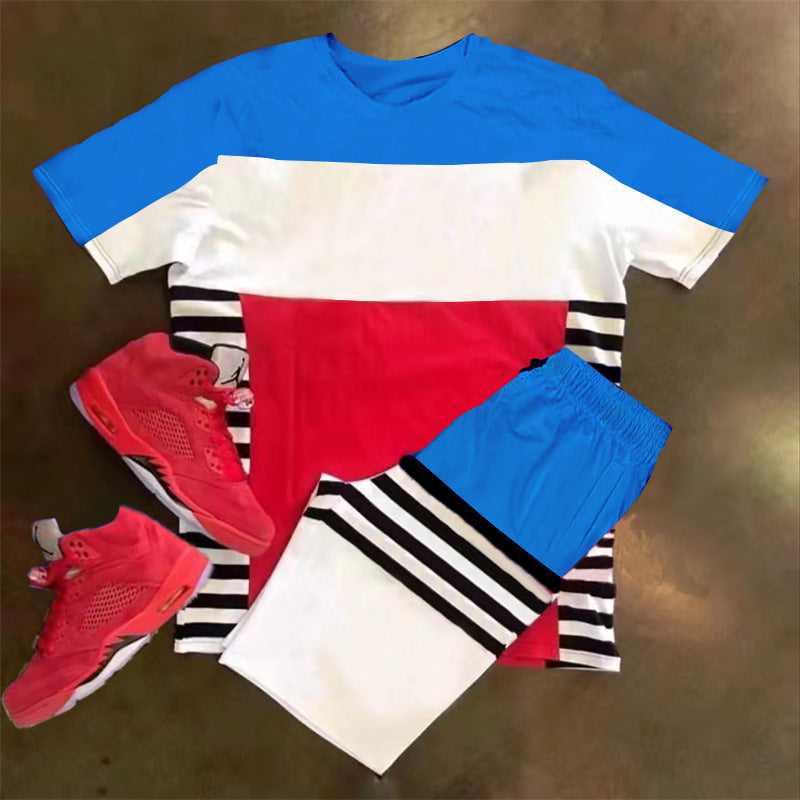 Men's Short Sleeve Sports Casual Fashion Striped Colorblock Suit