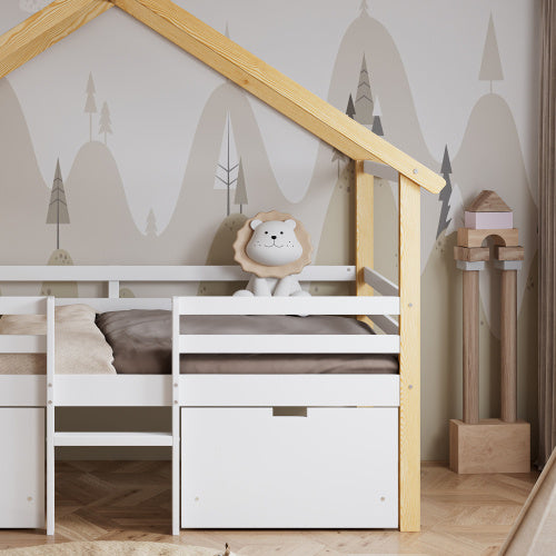 Wooden Bed, Children S Bed, 3ft Single Bed 90x190cm, MDF Pinewood Plywood, Safety Guardrail, Two Storage Drawers With Wheels,Roof Shape, White Natural