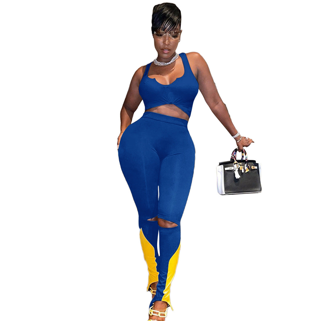 Spring Summer Vest Short Top Contrast Color Hollow Casual Two-piece Set