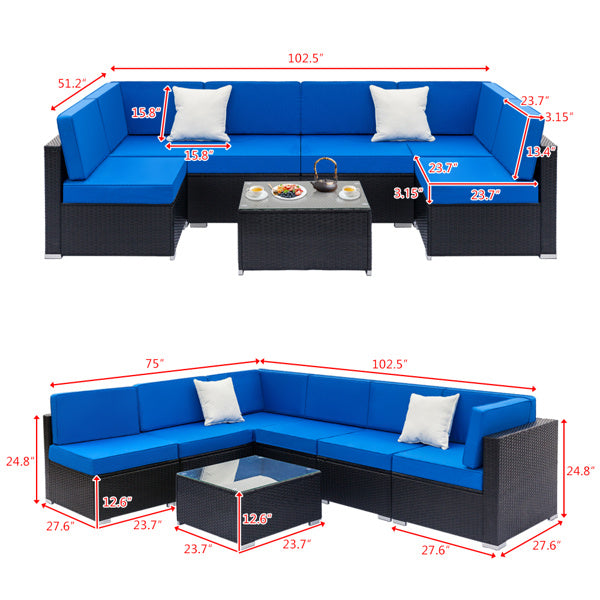 Black Sheet Rattan Dark Blue Mat Sponge Sandwich Braided Rattan Seven-piece Set