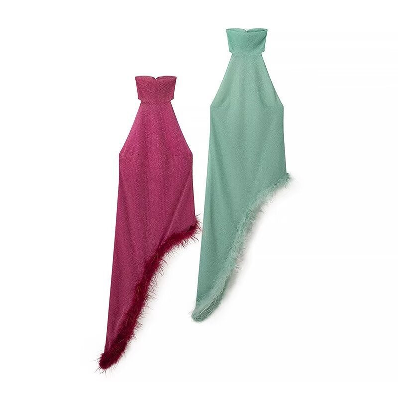 European And American Party Halter Dress Feather Stitching Vacation Style