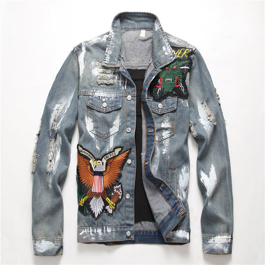 Embroidered Lapel Men's Casual Denim Jacket