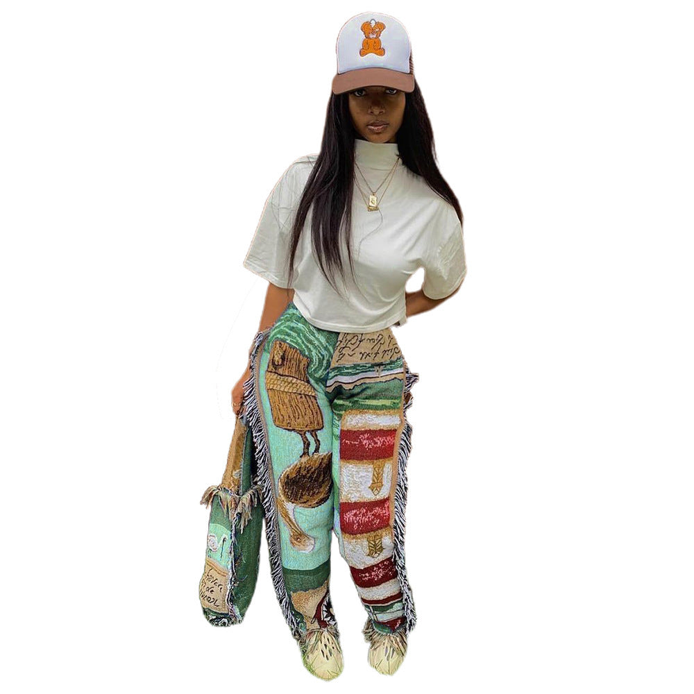 Fashion Loose Color Pattern Tassel Women's Trousers
