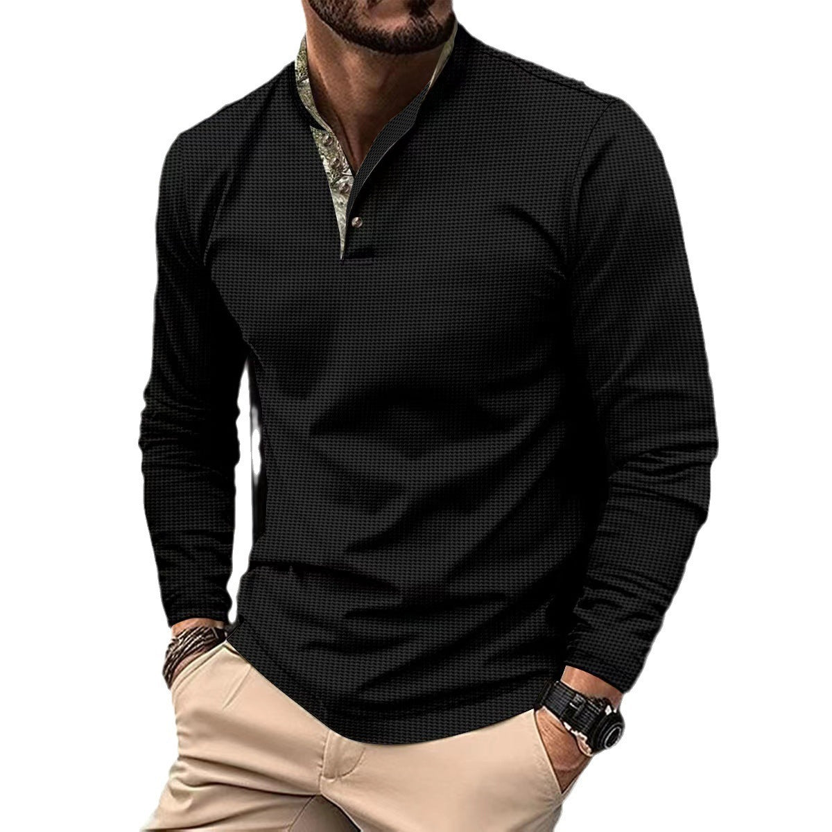 Men's Double Layer Lapel Polo Shirt Fashion Waffle Long-sleeved Tops Clothing ShopWithASmile7.com