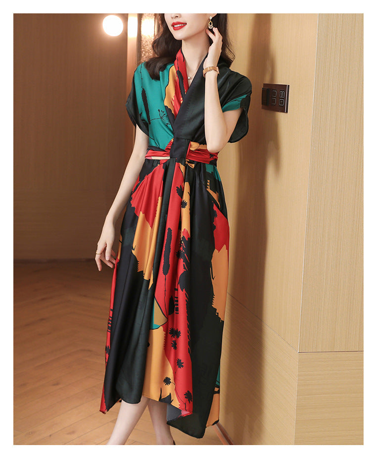 Simple Women's Clothing Short Sleeve Printed Large Swing Dress