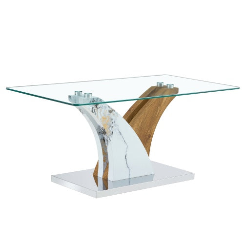 Rectangular Coffee Table.Tempered Glass Countertop, And Artistic MDF Legs,perfect For Hosting Dinners, Conferences, Home, And Office Decorations.White And Wood,Dining Table,Tea Table.Coffee Table.
