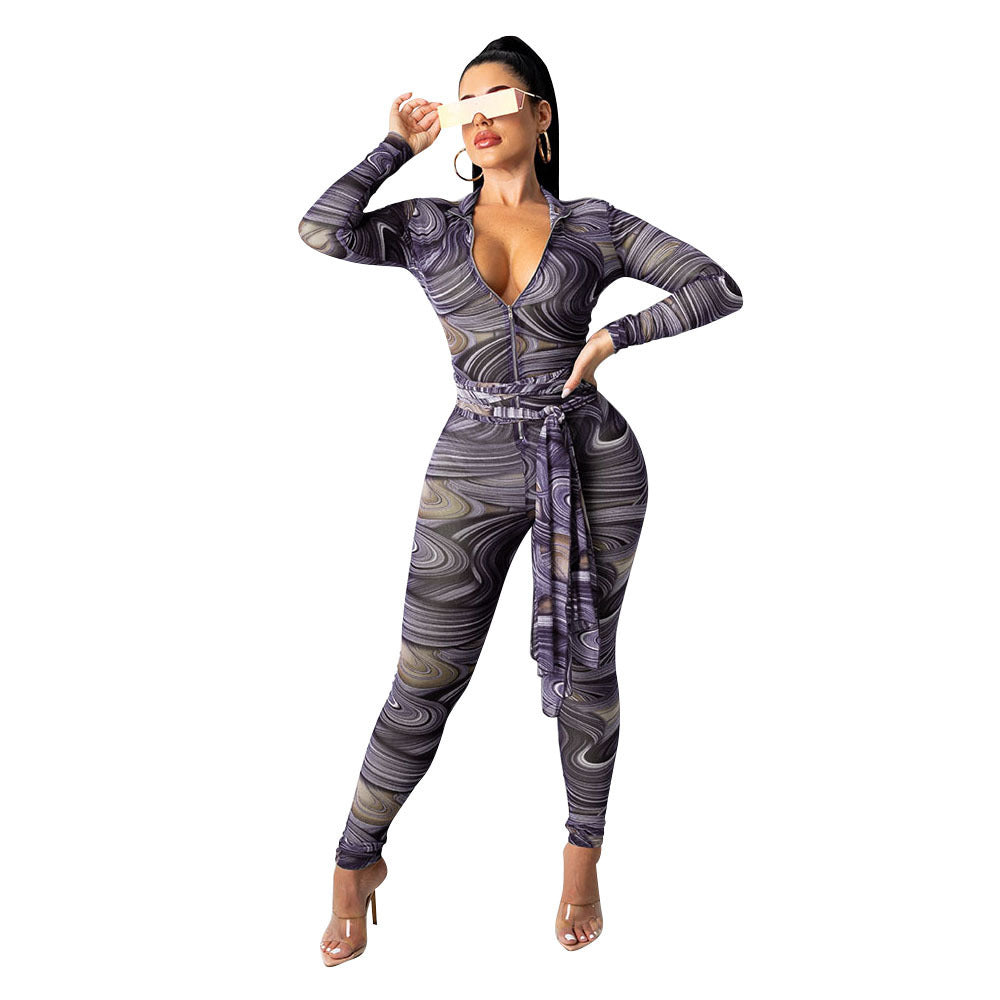 Printed Sexy Nightclub Long-Sleeved Mesh See-Through Jumpsuit