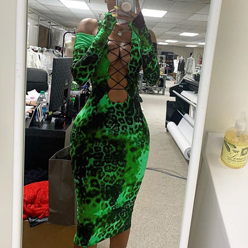 European And American Women's Long-sleeved Leopard Print Tube Top Dress