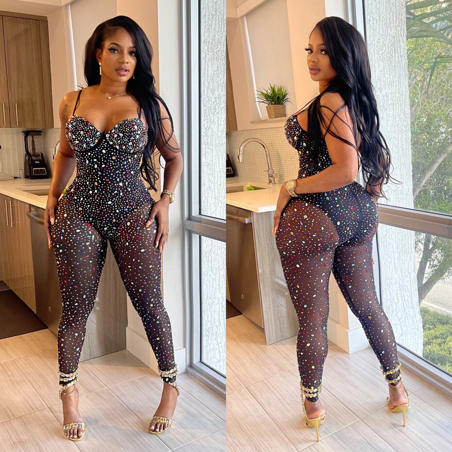 Women's Pure Color Mesh Rhinestone Pants Jumpsuit ShopWithASmile7.com
