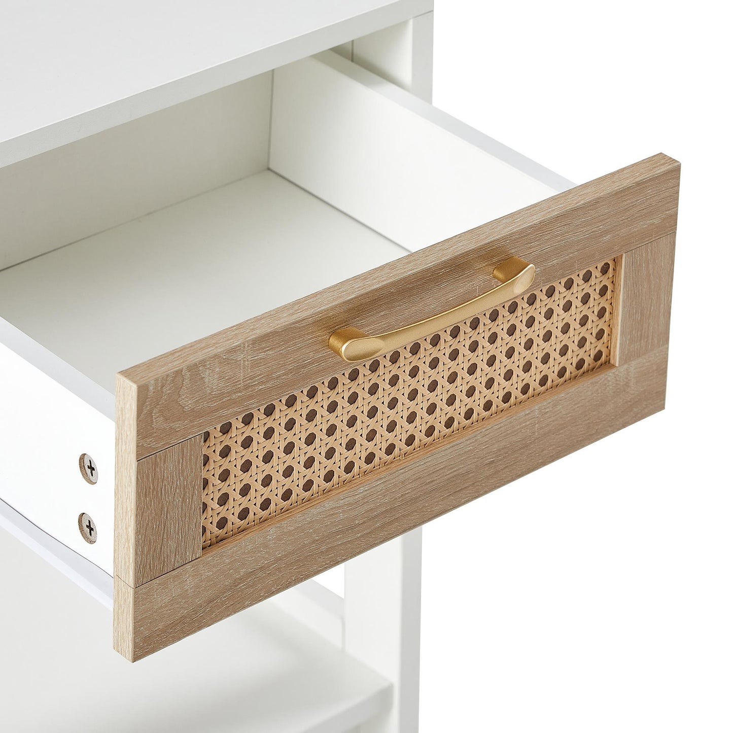 15.75-Inch Rattan Side Table with Drawers – Modern Bedside Table for Living Room or Bedroom, White