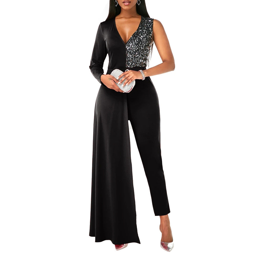 V-neck Sequin Covered Hip Plus Size Jumpsuit ShopWithASmile7.com