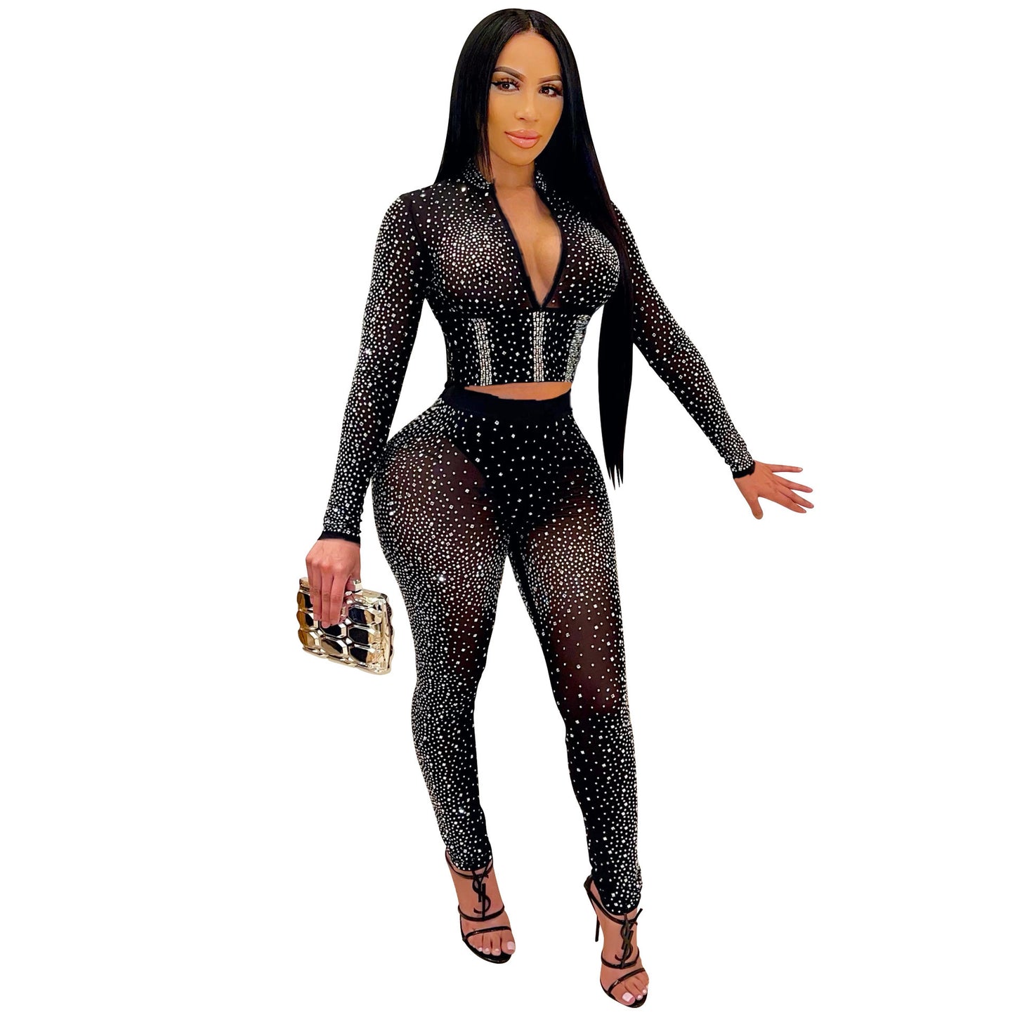Women's Tight Mesh See-Through Long Sleeve Hot Drill Two Piece Pants Set