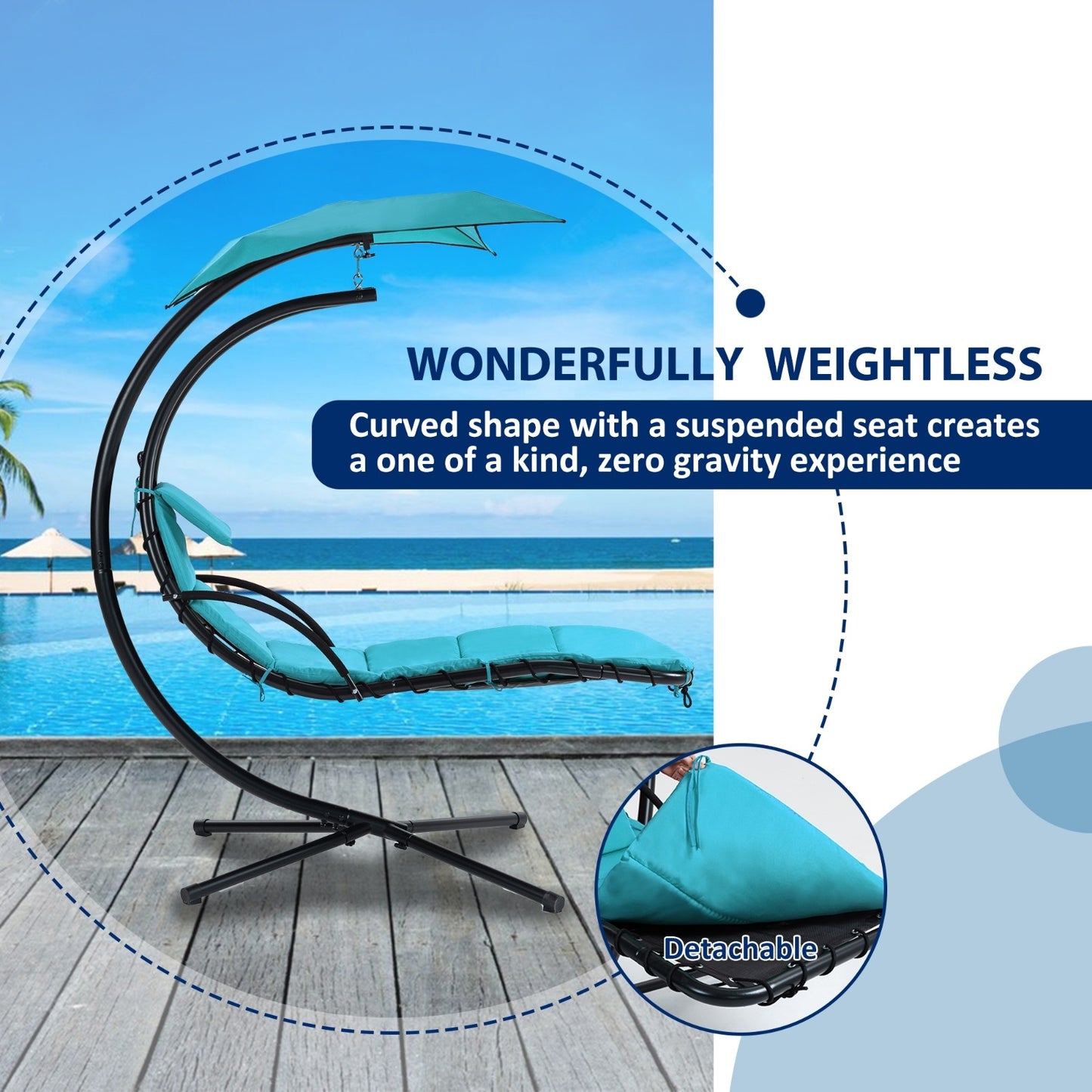 Hanging Chaise Lounger With Removable Canopy, Outdoor Swing Chair With Built-in Pillow, Hanging Curv