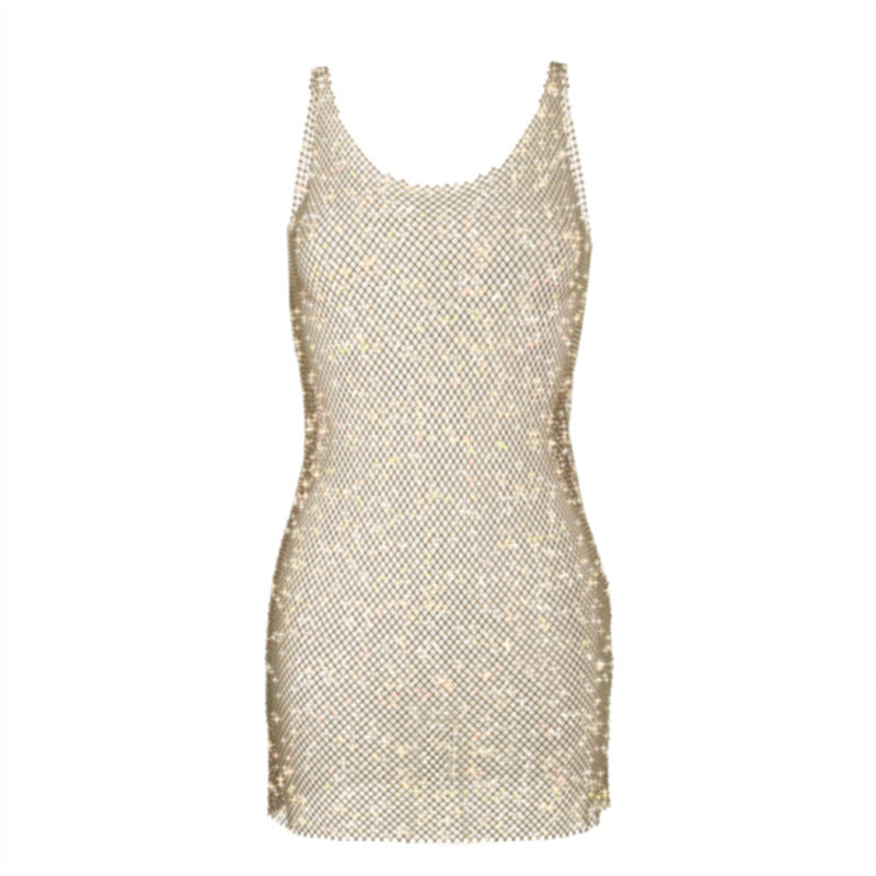 Women's Light Diamond Fishnet Sequined Sexy Hollow-out Camisole Dress