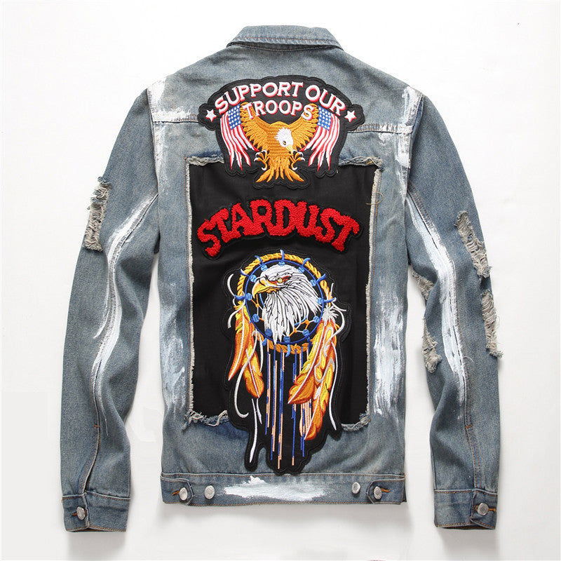 Embroidered Lapel Men's Casual Denim Jacket