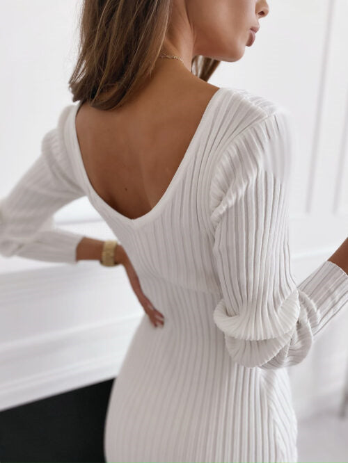 Casual Solid Color Ribbed Low Cut V-neck Tight Long Sleeve Dress