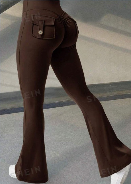Wide Waistband High Stretch Pocket Scrunch Butt Booty Workout Lifting Athletic Gym Flare Leg Leggings Cargo Pants ShopWithASmile7.com