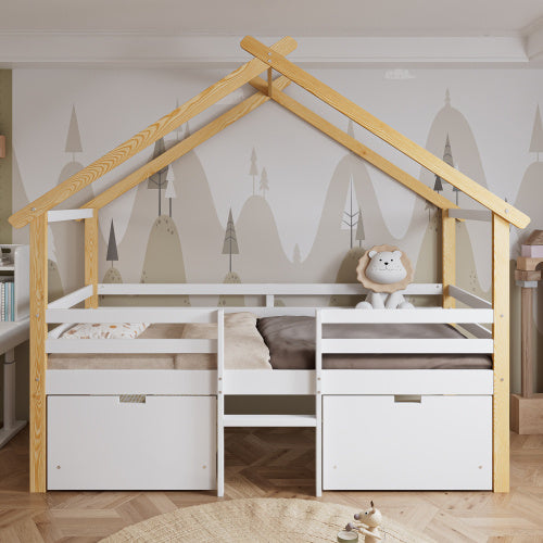 Wooden Bed, Children S Bed, 3ft Single Bed 90x190cm, MDF Pinewood Plywood, Safety Guardrail, Two Storage Drawers With Wheels,Roof Shape, White Natural