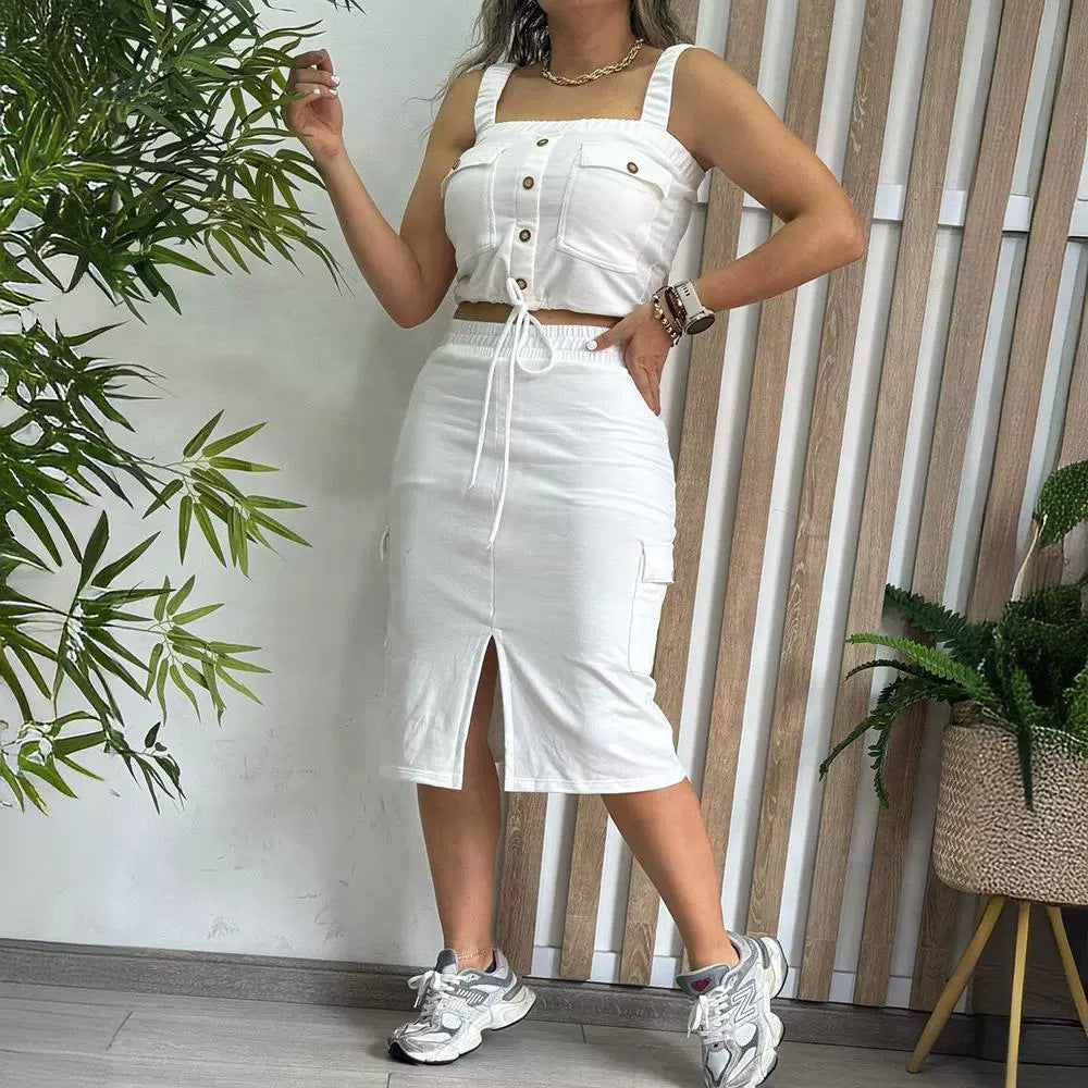 Women's Pure Color Stickers Bags Casual Vest Mid-length Dress Set