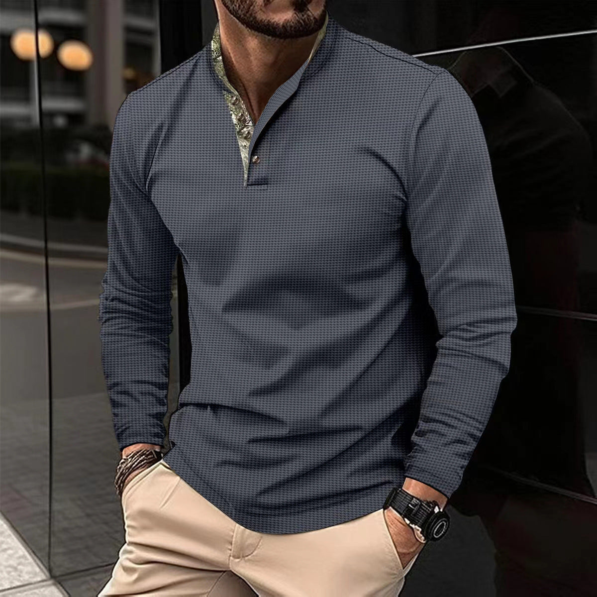 Men's Double Layer Lapel Polo Shirt Fashion Waffle Long-sleeved Tops Clothing ShopWithASmile7.com