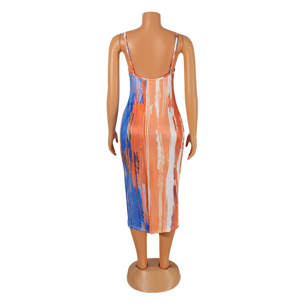 Fashion Sexy Digital Print Tight Strap Dress