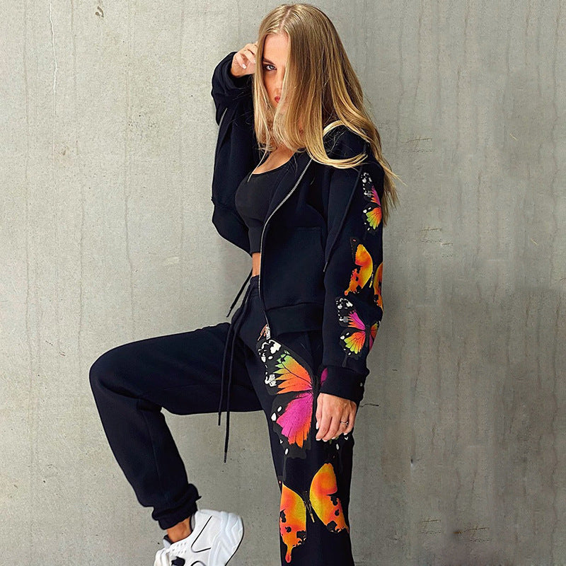 Women Long-Sleeved Hooded Zipper Casual Sweater Suit
