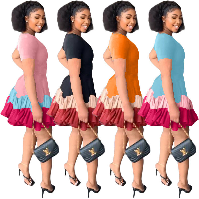 European And American Women's Clothing Summer Color Block Short Sleeve Pleated Dress