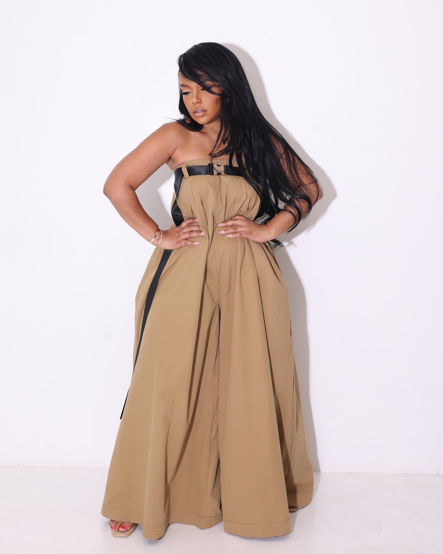 Women's Fashion One-shoulder Multi-way Wide-leg Jumpsuit With Belt ShopWithASmile7.com