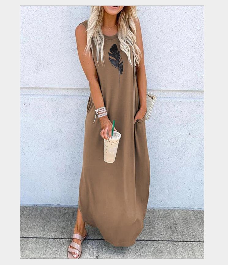 Women's Round Neck Short Sleeve Loose Mid Length Dress