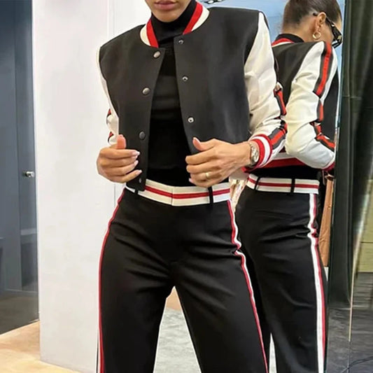 Patchwork Contrast Color Shorts Baseball Top Casual Suit